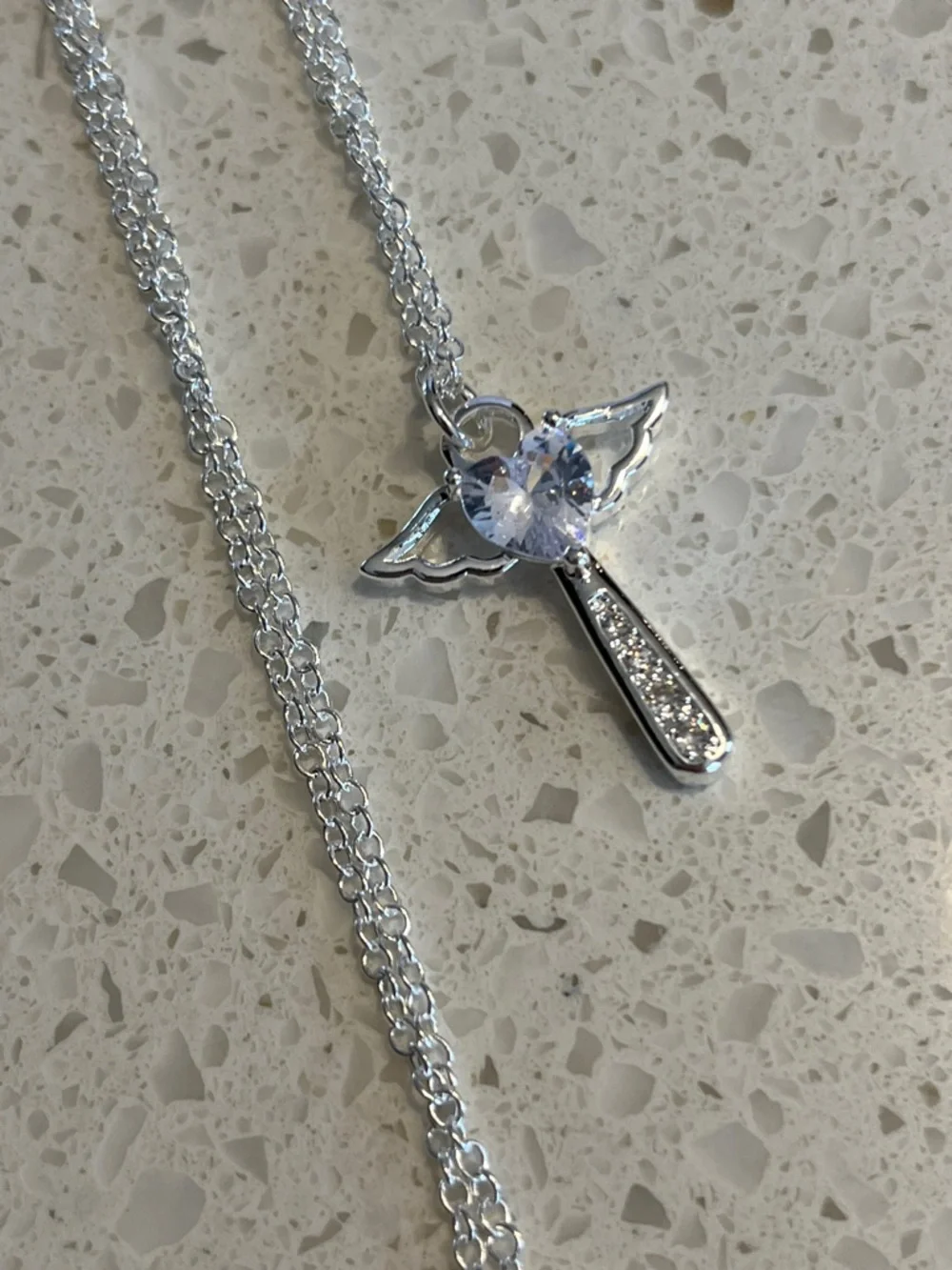 925‎ Sterling Silver Plated Necklace Angel Crystal Cross with 50 cm chain
